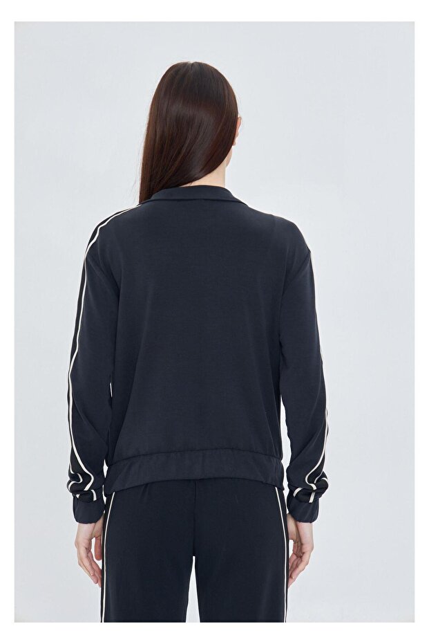 Fermuarlı Şeritli Dalgıç Sweatshirt-Siyah - 3