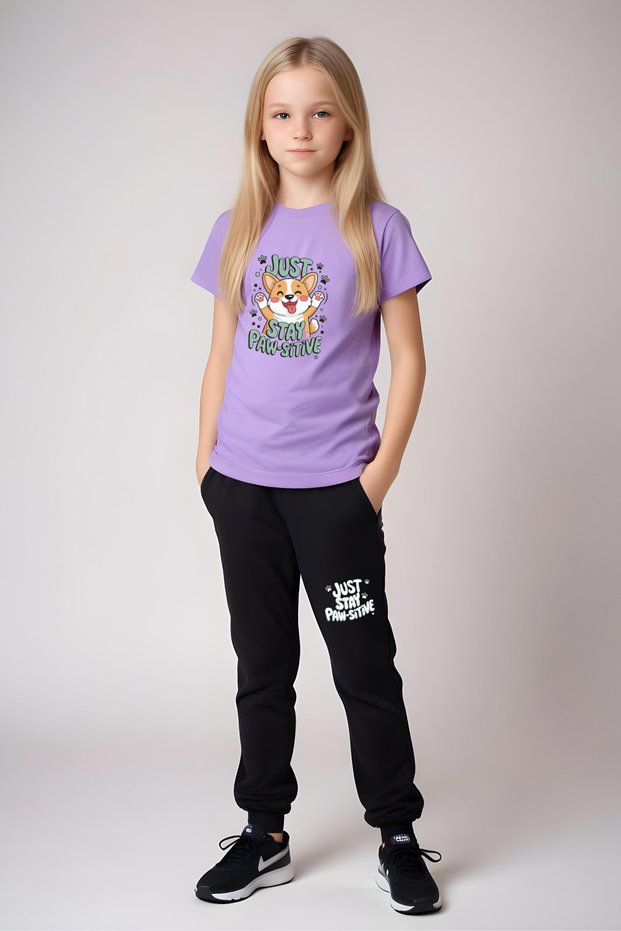 Stay Paw-Sitive Printed Girls Short Sleeve T-Shirt and Sweatpants Bottom-Top Set