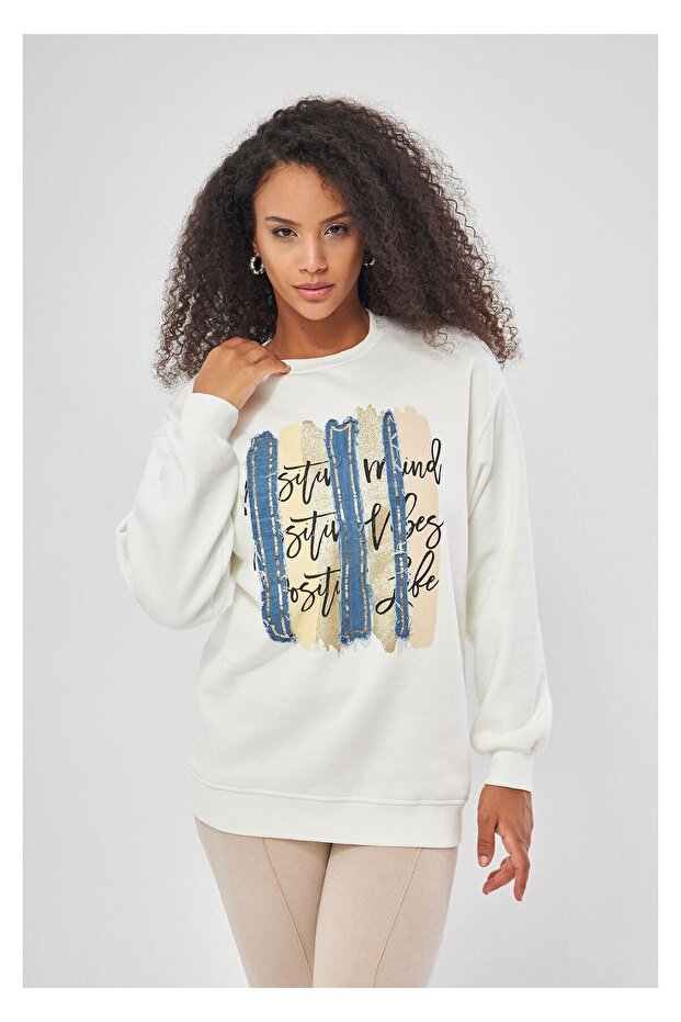 Jean Nakışlı Pullu Sweatshirt - 1