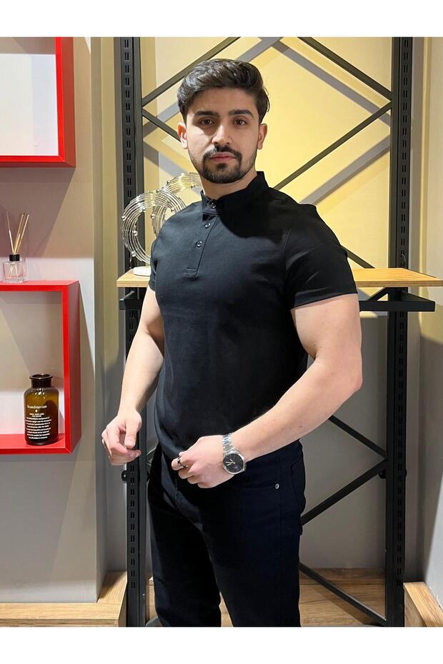 Hakim Yaka Düğmeli Siyah Basic T-Shirt - 4