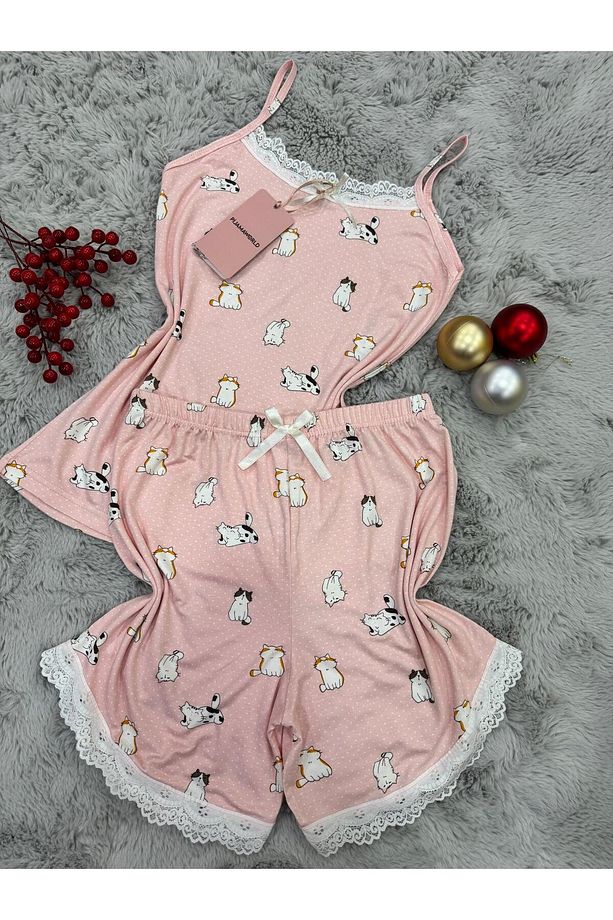 İP ASKILI ŞORTLU VİSKON YUMUŞAK  KUMAŞLI PİJAMA TAKIMI - 3