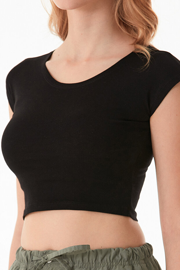 Basic Bisiklet Yaka Crop Tişört - 7