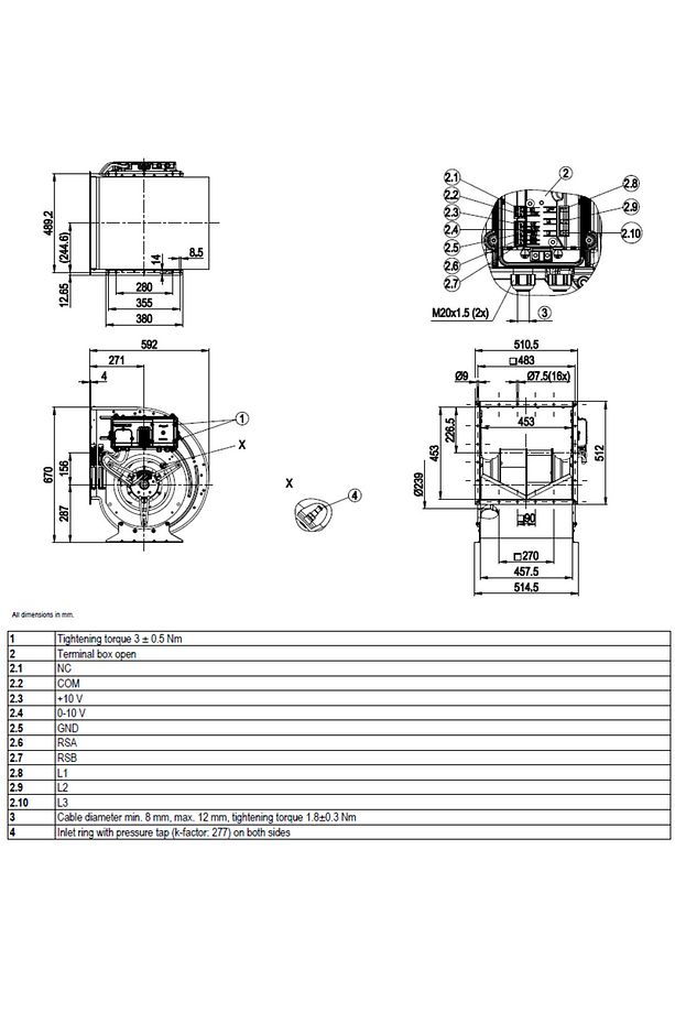 D3G355-GG03-01 Çift Emişli EC Radyal Fan Ø 355 mm 400 V AC 6105 m³/h 2600 min 3160 W - 2