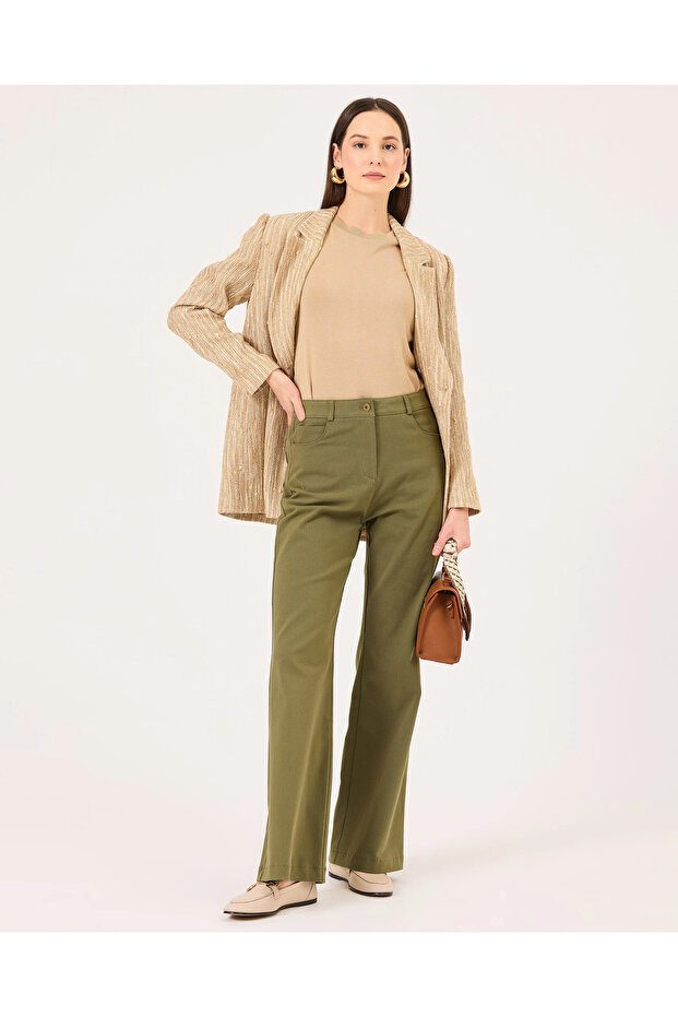 Düğmeli Geniş Paça Pantolon - 1