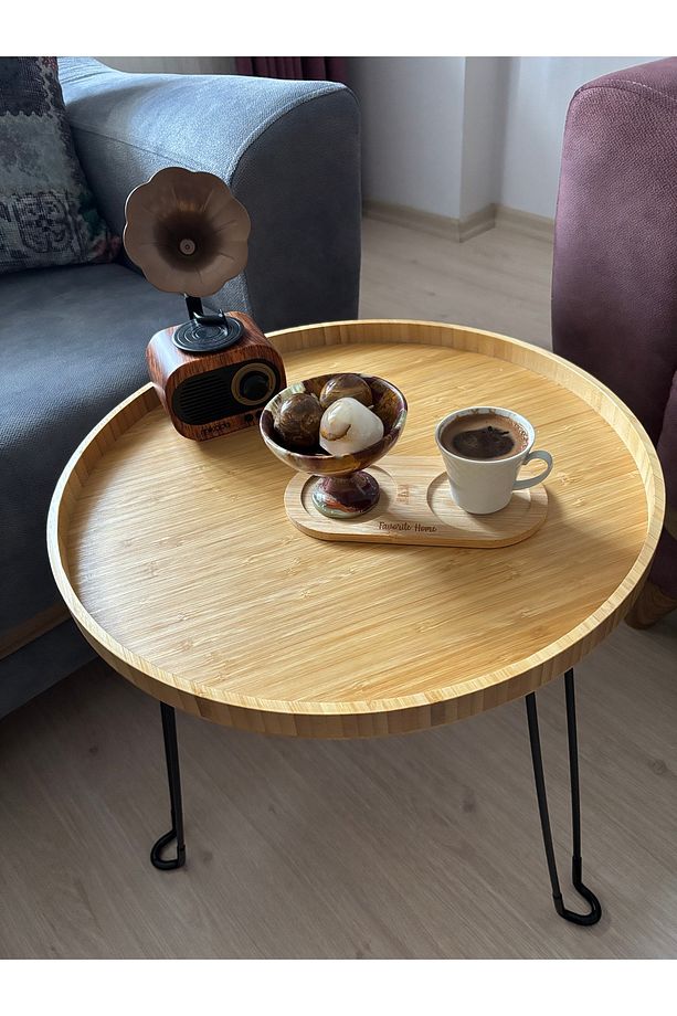 Çift Fonksiyonlu Bambu Katlanır Ayaklı Portatif Tepsi / Sehpa  (Yuvarlak 44 cm) - 2