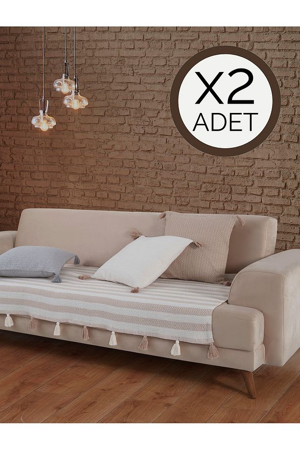 Liva Ponponlu Bej 2 Adet Koltuk Örtüsü 115x200 Cm Kanepe Divan Çekyat Berjer Örtüsü Püsküllü - 1