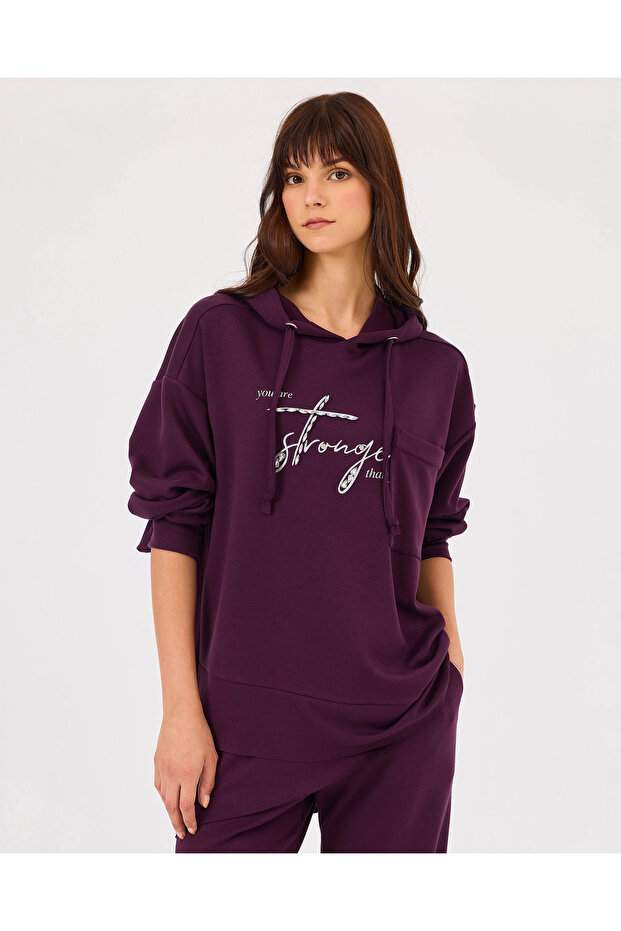 Kapüşonlu Baskılı Sweatshirt - 1