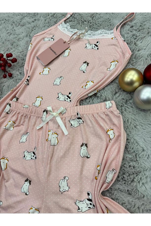 İP ASKILI ŞORTLU VİSKON YUMUŞAK  KUMAŞLI PİJAMA TAKIMI - 6