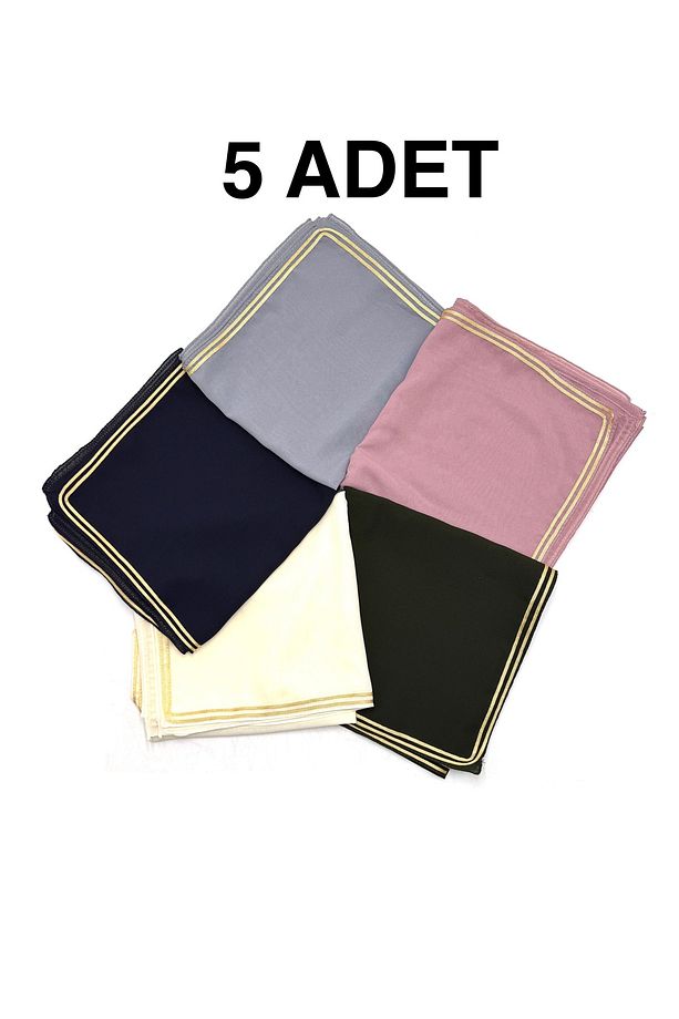 5'li Set Altın Biyeli Krep Şifon Eşarp 100x100cm Yazma Toptan Hediyelik - 1