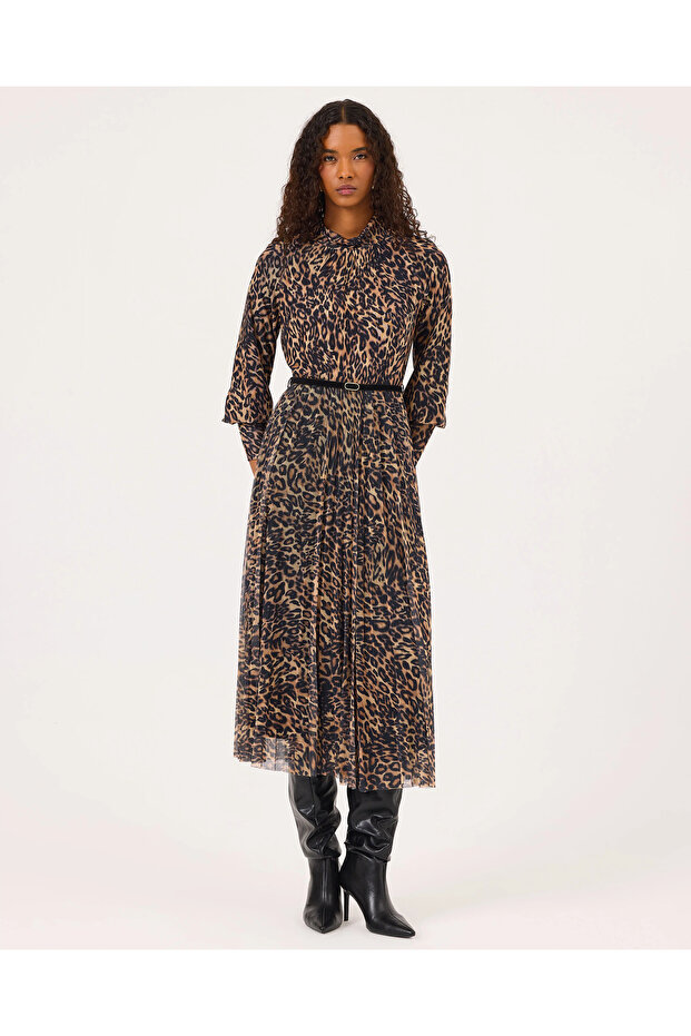 Dik Yaka Kemerli Midi Boy Elbise - 1