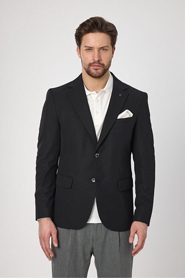Waffle Men's Black Waffle Pattern Cotton Blended Lycra Stretchy Fabric Four Seasons Blazer Jacket
