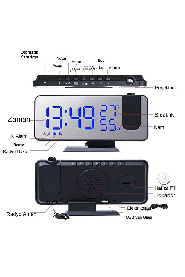 Çok Fonksiyonlu Masaüstü Ayna Saat Fm Radyo Alarm Projeksiyon Sıcaklık Nem Ölçer Usb Özellik - 5