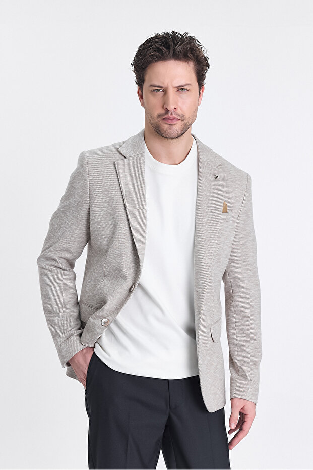 Ubaldo Men's Beige Linen-Look Knitted Stretchy Lycra Cotton Blend Blazer Jacket