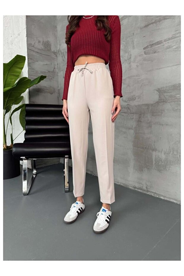 Women's Stone Carrot Cut Ankle Length Pocketed Elastic Waist Fabric Trousers 80178