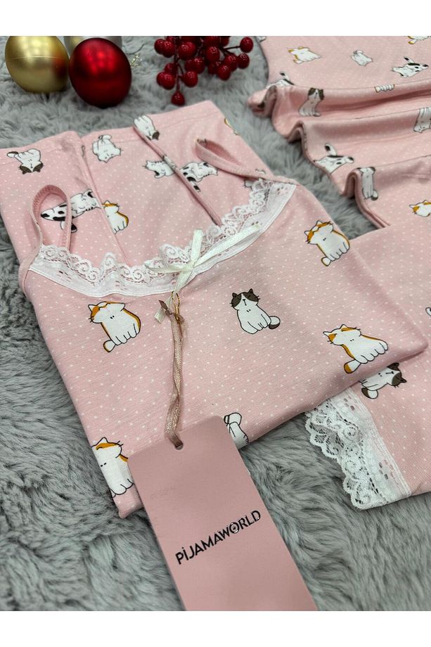 İP ASKILI ALTI UZUN VİSKON YUMUŞAK KUMAŞLI PİJAMA TAKIMI - 4
