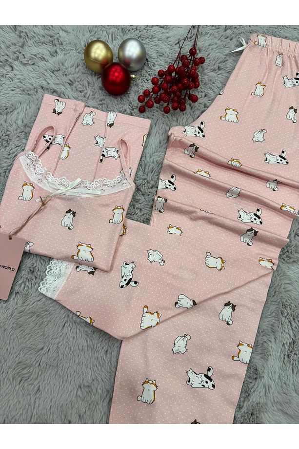 İP ASKILI ALTI UZUN VİSKON YUMUŞAK KUMAŞLI PİJAMA TAKIMI - 6