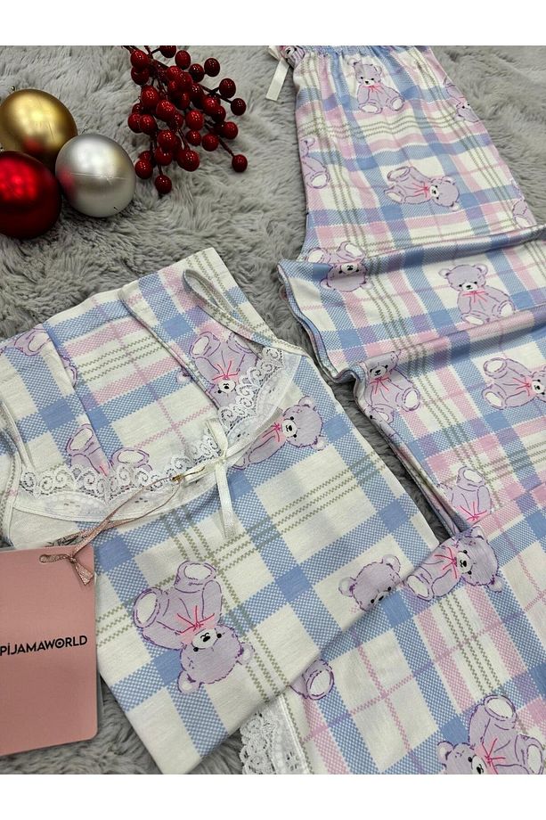 İP ASKILI ALTI UZUN VİSKON YUMUŞAK KUMAŞLI PİJAMA TAKIMI - 3