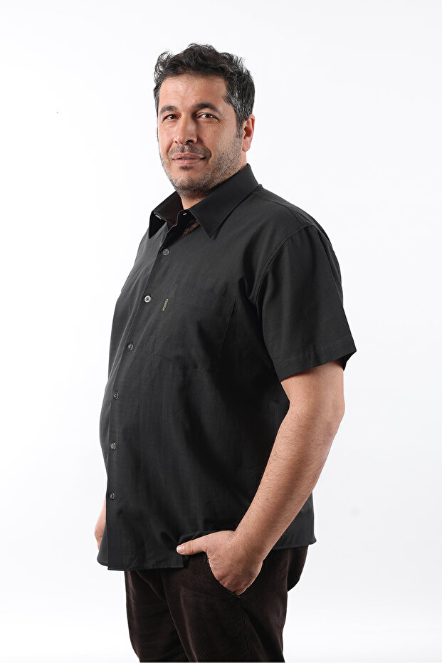 Short Sleeve Black Linen Men's Shirt Kk-8048-Tss