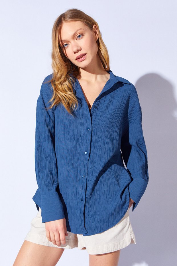 Indigo Seersucker Oversize Relaxed Fit Women's Shirt Ek 100161103