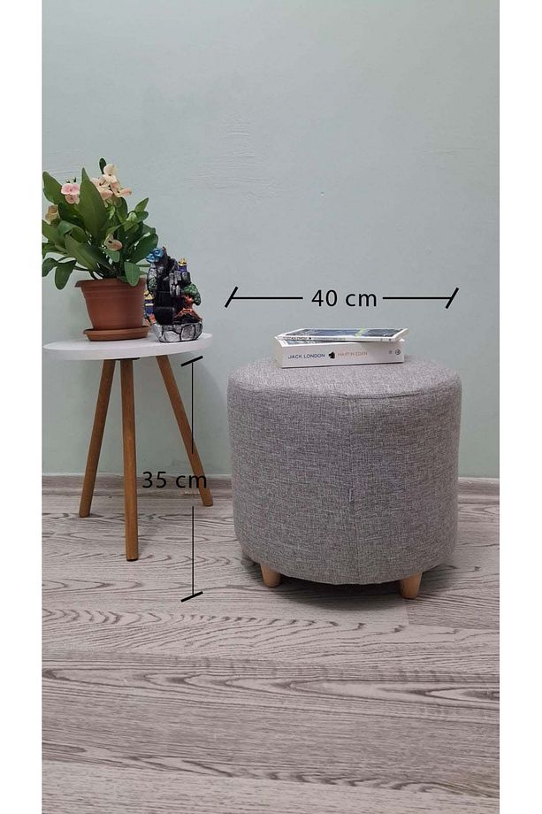 Ahşap Ayaklı 40×35 Keten Kumaş Yuvarlak Puf&bench Koltuk/tabure - 2