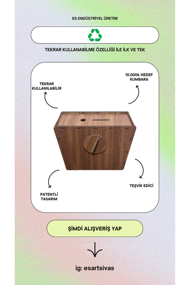 Tekrar Kullanılabilir Hedef Kumbara - Ahşap Kumbara - 10.000TL - ES-ART - 2