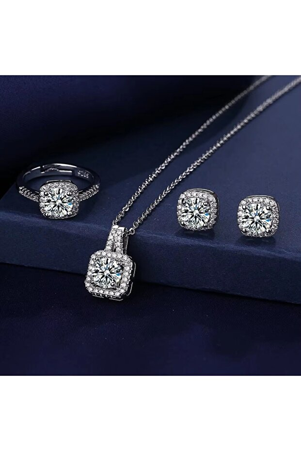 AMS70220 3pcs Set Necklaces Earrings Stud Ring CZ Stone Jewelry Set Silver Color Classic Women Eveni
