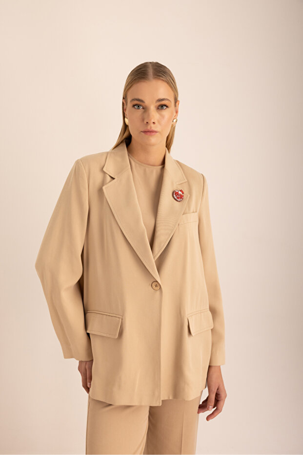 Bej Kontrast İç Biyeli Oversize Ceket - 1