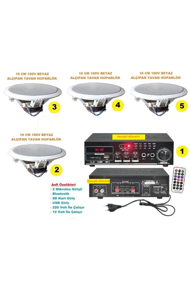 Kalite Tavan Hoparlör Seti (1 Adet Amfi + 4 Adet 100V 16 cm Tavan Hoparlör) - 1