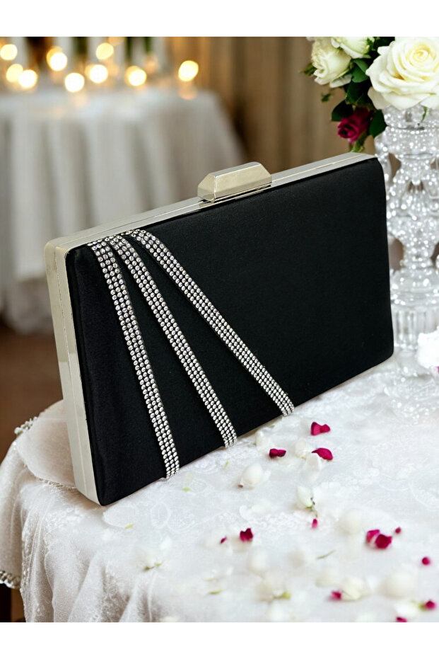 Stylish and Eye-Catching Black Satin Evening Bag with Silver Stones