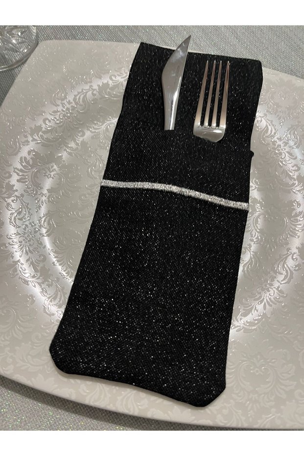 Piko Sarma Detailed Fork and Knife Holder Glittery Black Service Presentation Napkin 6 Pieces