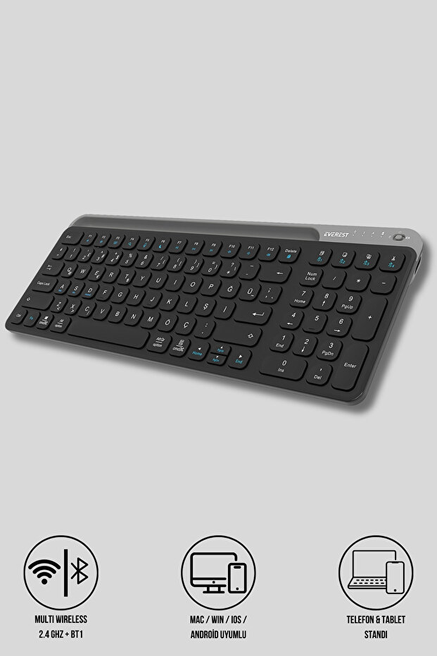 KB-BT90 Siyah/Gri Bluetooth+ 2.4Ghz Telefon Tablet Standlı Şarjlı Q Kablosuz klavye