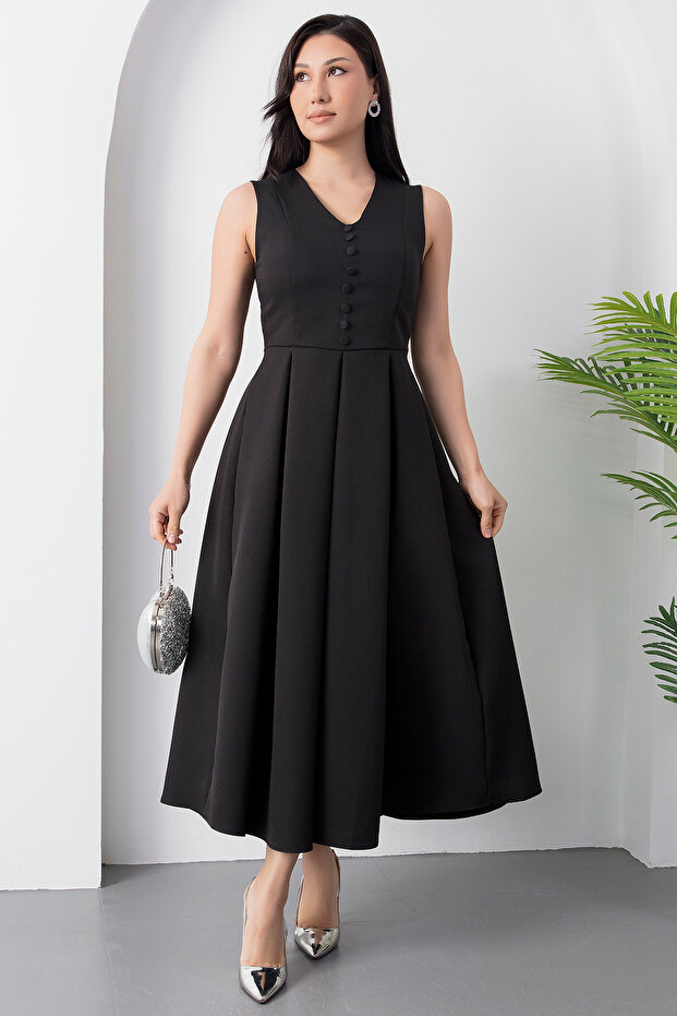 Düğmeli V Yaka Elbise DKS1201 - 3