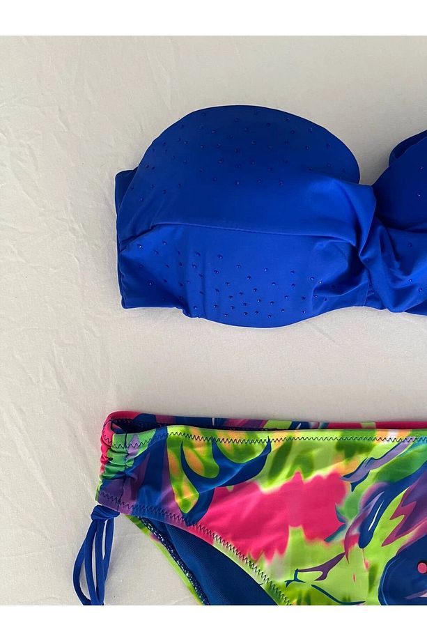 Kadın Saks Mavi Taş İşlemeli Astarlı Bikini Takım HZL25S-LC3334 - 4