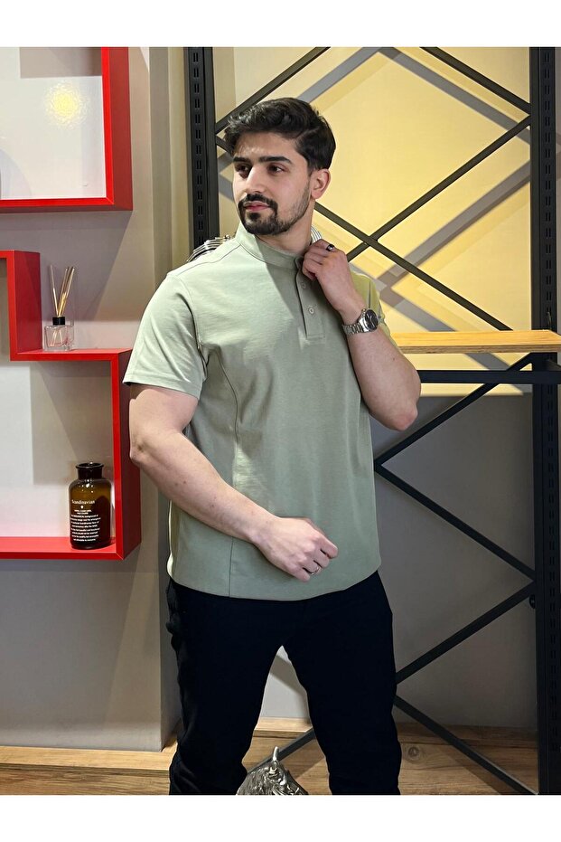 Hakim Yaka Düğmeli Açık Yeşil Basic Tshırt - 5