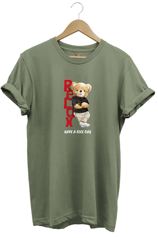 Cute Teddy Bear Relax Bear Design Stylish Printed 100% Cotton Regular Fit Crew Neck Khaki T-Shirt