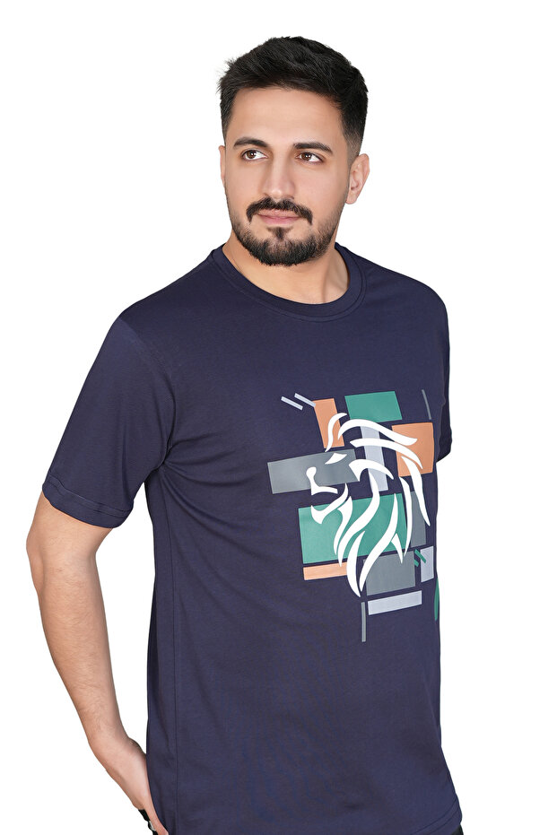 Modern Lion Pattern Printed Navy Blue T-Shirt