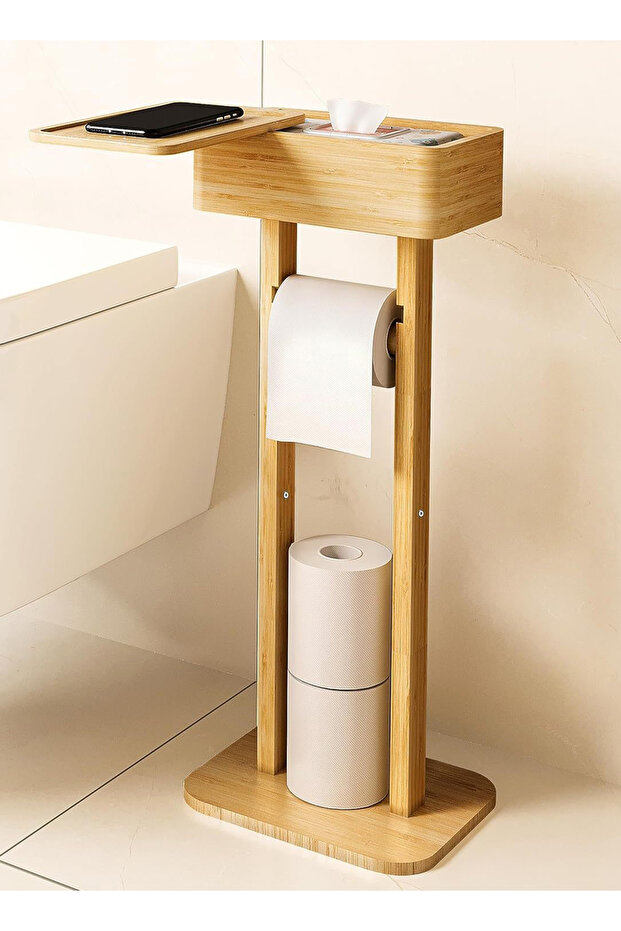 حامل ورق تواليت متعدد الطبقات قابل للدوران ومتعدد الوظائف، حامل لفافات خشبي صلب مثبت على الأرض - 3