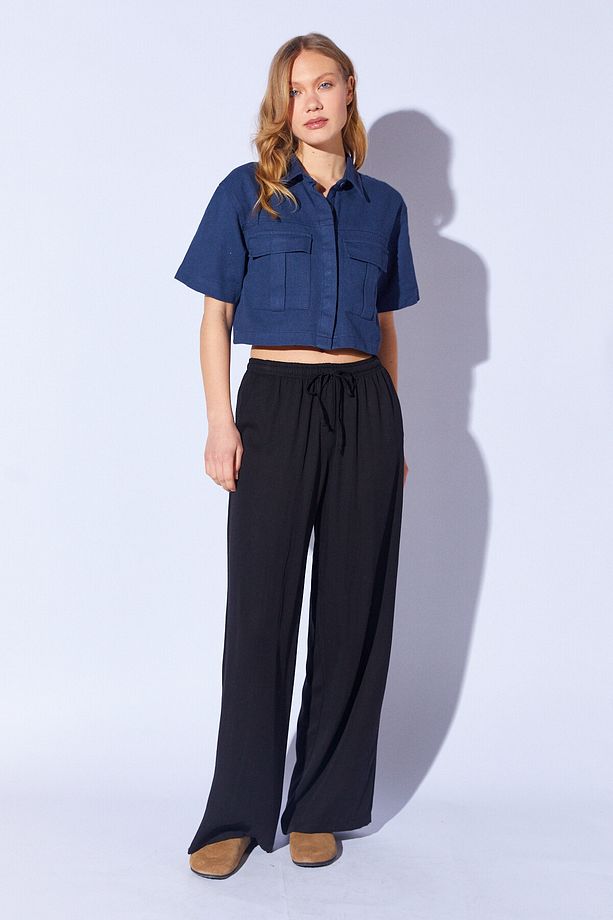 İndigo Crop Gabardin Ön Cep Detaylı Gömlek | MKW167568-01 - 3