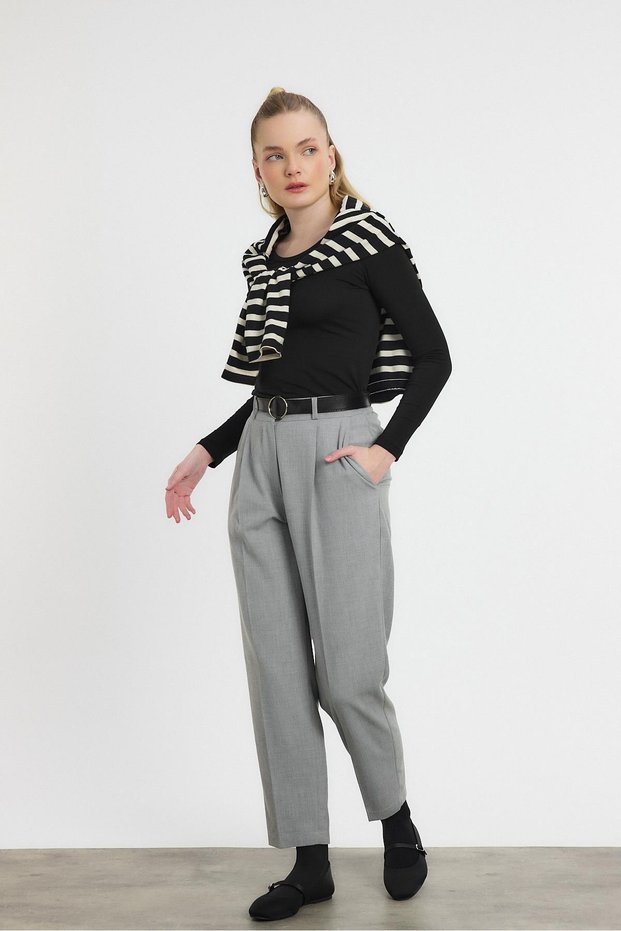 Light Gray Belt Detail Trousers 3965