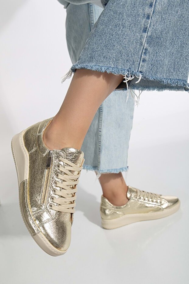Women's Genuine Leather Zippered Sports Shoes Gold