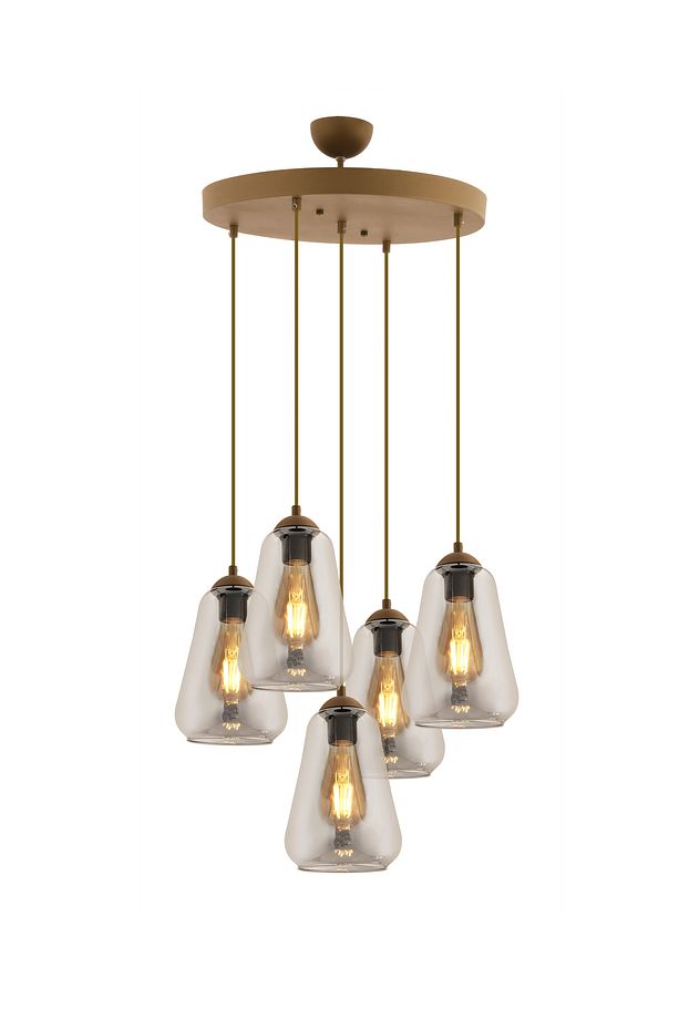 Rita 5'li Yuvarlak Eskitme Füme Camlı Modern Salon Sarkıt Avize - 2