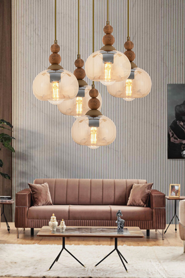 Vinta 5'li Yuvarlak Eskitme Ahşap Detaylı Bohem Salon Sarkıt Avize - 1