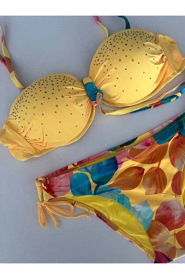 Kadın Sarı Taş İşlemeli Astarlı Bikini Takım HZL25S-LC207 - 3