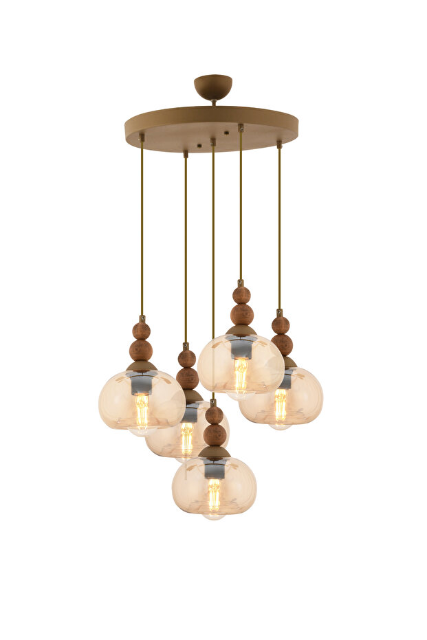 Vinta 5'li Yuvarlak Eskitme Ahşap Detaylı Bohem Salon Sarkıt Avize - 2