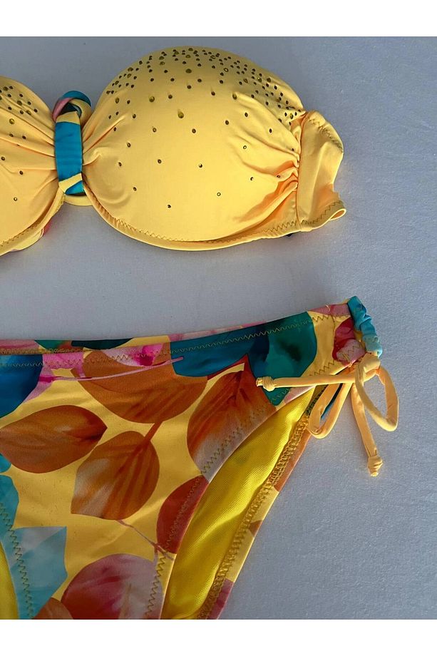 Kadın Sarı Taş İşlemeli Astarlı Bikini Takım HZL25S-LC207 - 6