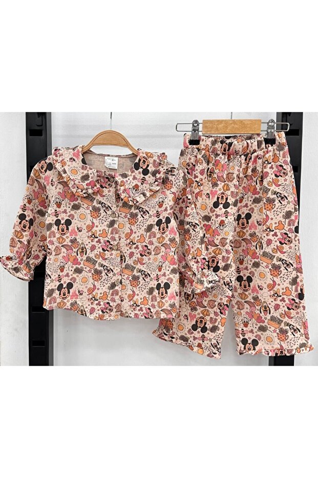 Shirt Collar Buttoned Girl's Muslin Pajama Set