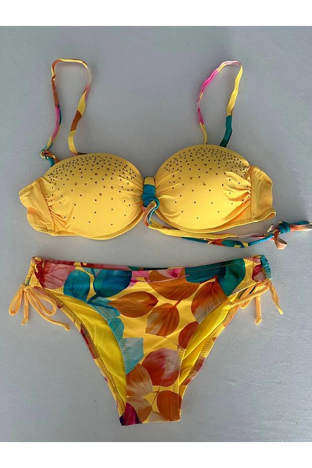 Kadın Sarı Taş İşlemeli Astarlı Bikini Takım HZL25S-LC207 - 2