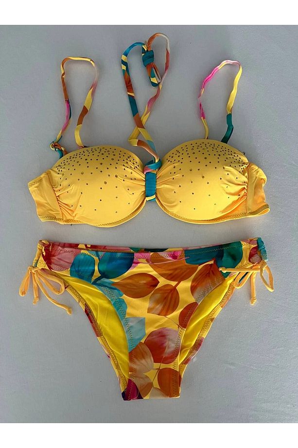 Kadın Sarı Taş İşlemeli Astarlı Bikini Takım HZL25S-LC207 - 4
