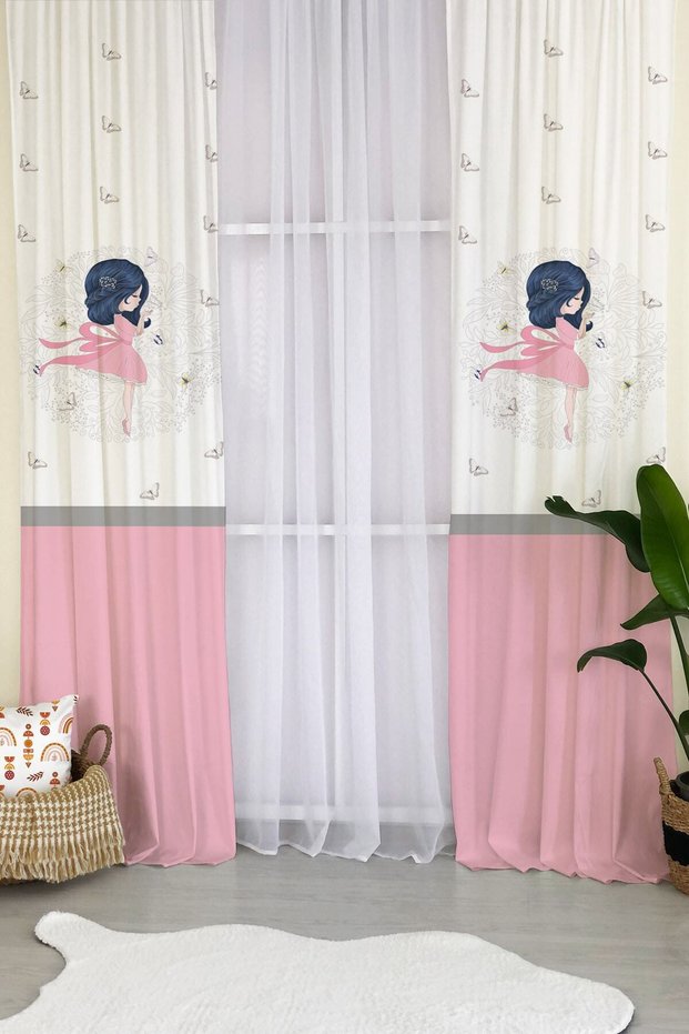 Skater Girl Pattern Velvet Baby and Kids Room Background Curtain - Pink