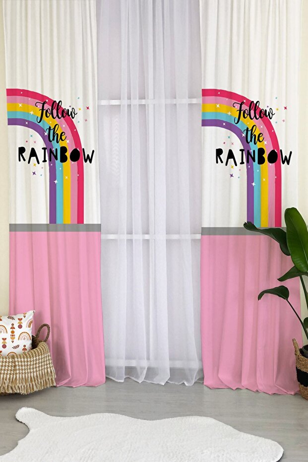 Rainbow Pattern Velvet Baby and Kids Room Background Curtain - Pink
